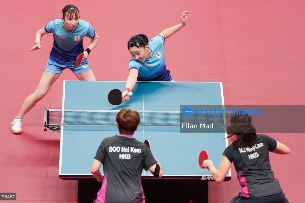 Miwa Harimoto and Hina Hayata of Japan VS Doo Hoi Kem and Ng Wing Lam of Hong Kong during Women's Doubles Semi-finals, Table Tennis at the 2026 Asian Games on September 28, 2026 in Japan. (Photo by Ellan Mad/Nexpher Images)