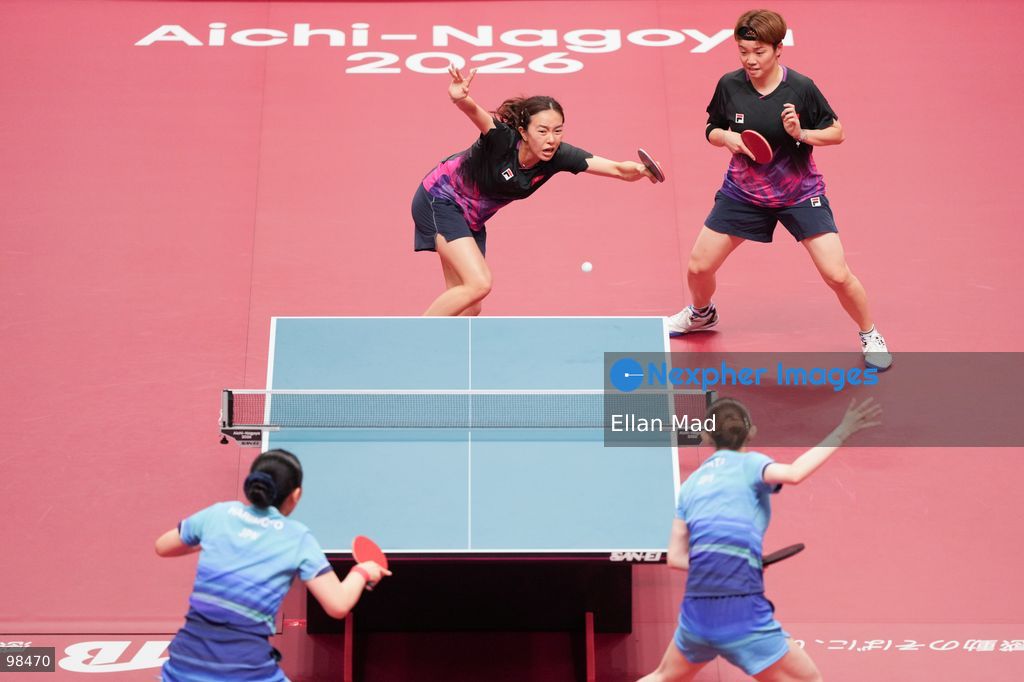 Miwa Harimoto and Hina Hayata of Japan VS Doo Hoi Kem and Ng Wing Lam of Hong Kong during Women's Doubles Semi-finals, Table Tennis at the 2026 Asian Games on September 28, 2026 in Japan. (Photo by Ellan Mad/Nexpher Images)