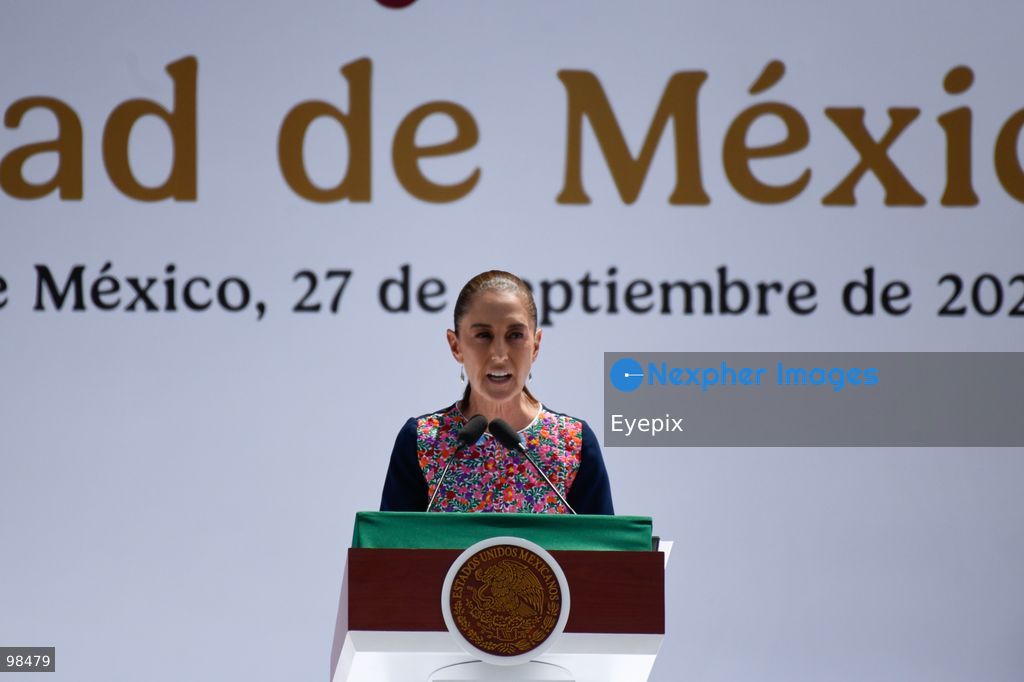 Mexican President Claudia Sheinbaum delivers a speech during the closing event of her "Honestidad y Resultados" (Honesty and Results) at the main square Zocalo on September 27, 2026 in Mexico City, Mexico. The event marked the presentation of her administrative balance during her second year in office. (Photo by Carlos Santiago/ Eyepix Group) (Photo by Carlos Santiago/ Eyepix Group/Eyepix via Nexpher Images)