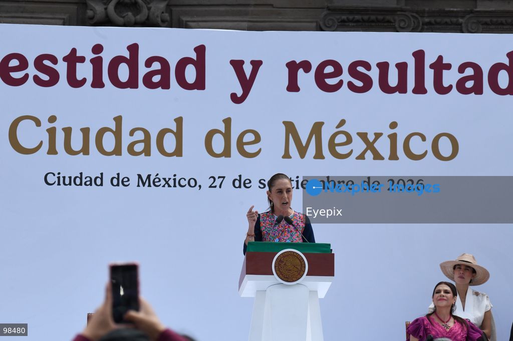 Mexican President Claudia Sheinbaum delivers a speech during the closing event of her "Honestidad y Resultados" (Honesty and Results) at the main square Zocalo on September 27, 2026 in Mexico City, Mexico. The event marked the presentation of her administrative balance during her second year in office. (Photo by Carlos Santiago/ Eyepix Group) (Photo by Carlos Santiago/ Eyepix Group/Eyepix via Nexpher Images)