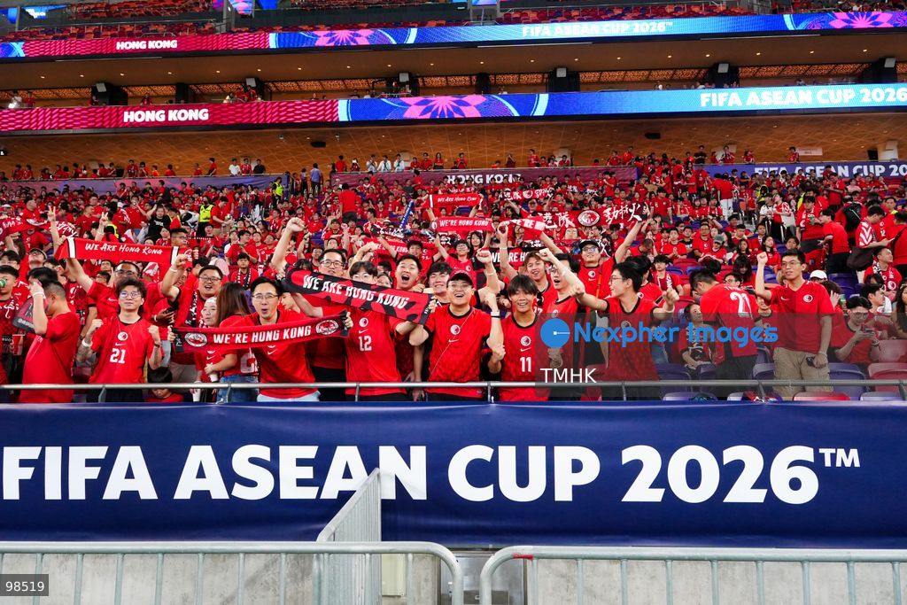 Passionate supporters wave red team colours, clap, and chant slogans to back Hong Kong, China during their FIFA ASEAN Cup Tier 2 match against Laos at Kai Tak Stadium on September 27, 2026 in Hong Kong, where a lively crowd of nearly 19,000 cheered on the home side. (Photo by Zulu Lo/TMHK via Nexpher Images)