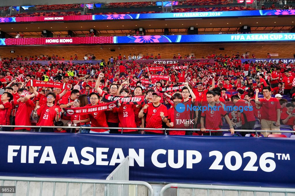 Passionate supporters wave red team colours, clap, and chant slogans to back Hong Kong, China during their FIFA ASEAN Cup Tier 2 match against Laos at Kai Tak Stadium on September 27, 2026 in Hong Kong, where a lively crowd of nearly 19,000 cheered on the home side. (Photo by Zulu Lo/TMHK via Nexpher Images)