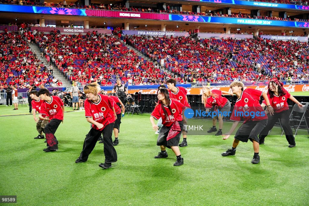 Performers entertain the crowd on the pitch during the halftime show of the FIFA ASEAN Cup match between Hong Kong, China and Laos at Kai Tak Stadium on September 27, 2026 in Hong Kong. (Photo by Zulu Lo/TMHK via Nexpher Images)