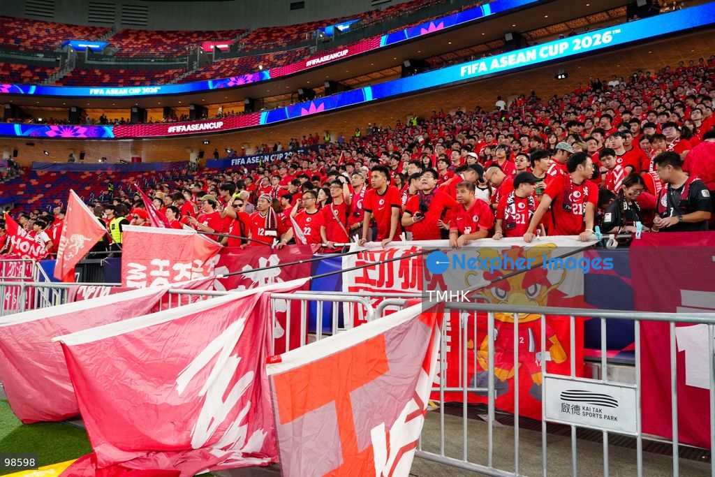 Passionate supporters wave red team colours, clap, and chant slogans to back Hong Kong, China during their FIFA ASEAN Cup Tier 2 match against Laos at Kai Tak Stadium on September 27, 2026 in Hong Kong, where a lively crowd of nearly 19,000 cheered on the home side. (Photo by Zulu Lo/TMHK via Nexpher Images)
