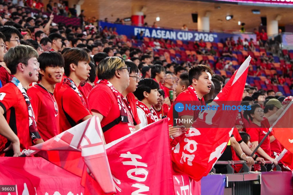 Passionate supporters wave red team colours, clap, and chant slogans to back Hong Kong, China during their FIFA ASEAN Cup Tier 2 match against Laos at Kai Tak Stadium on September 27, 2026 in Hong Kong, where a lively crowd of nearly 19,000 cheered on the home side. (Photo by Zulu Lo/TMHK via Nexpher Images)
