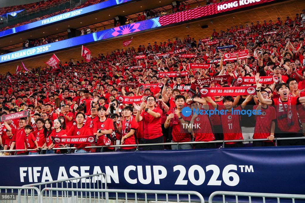 Passionate supporters wave red team colours, clap, and chant slogans to back Hong Kong, China during their FIFA ASEAN Cup Tier 2 match against Laos at Kai Tak Stadium on September 27, 2026 in Hong Kong, where a lively crowd of nearly 19,000 cheered on the home side. (Photo by Zulu Lo/TMHK via Nexpher Images)
