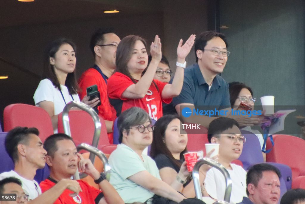 Secretary for Culture, Sports and Tourism Rosanna Law Shuk-pui and Commissioner for Sports Choi Kin-pan attend and cheer from the stands during Hong Kong, China's 4-0 win against Laos at the FIFA ASEAN Cup at Kai Tak Stadium on September 27, 2026 in Hong Kong. (Photo by Gordon Choi/TMHK via Nexpher Images)