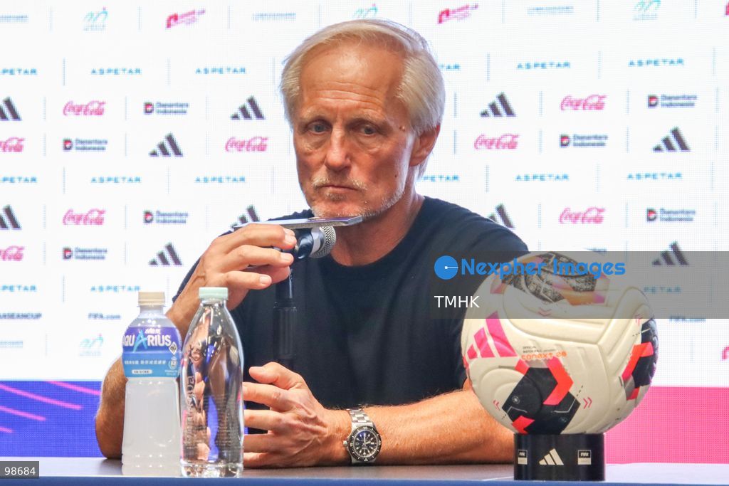 A close-up headshot shows Myanmar head coach Jörn Andersen speaking during a post-match press conference following their 0-1 defeat to Cambodia in the FIFA ASEAN Cup Tier 2 match at Kai Tak Stadium on September 27, 2026 in Hong Kong. The former Hong Kong head coach noted that Hong Kong, China would face a tough challenge if they met Cambodia's naturalised squad in the final. (Photo by Gordon Choi/TMHK via Nexpher Images)