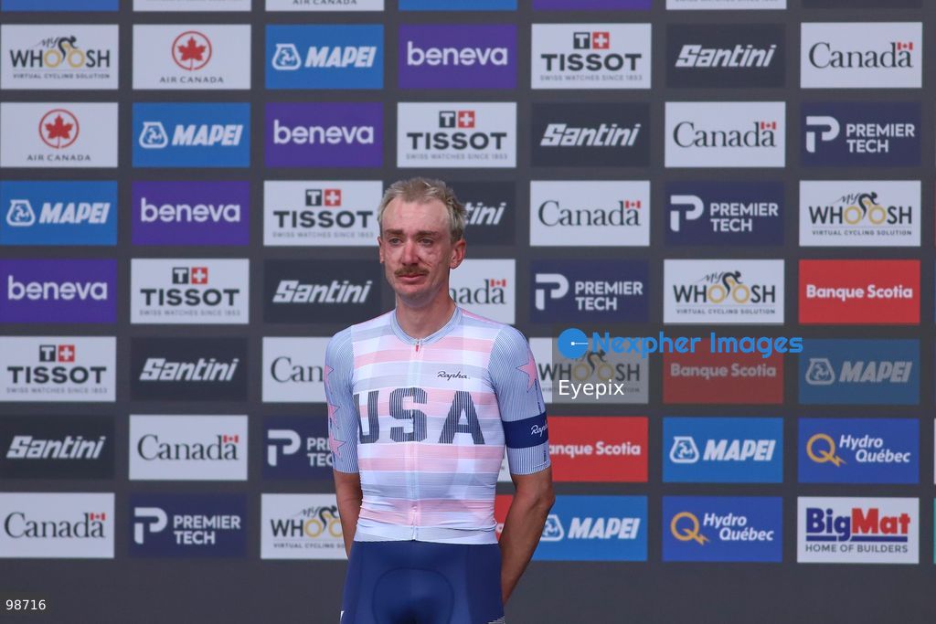 Brandon McNulty of Team United States celebrates on the podium after winning the gold medal in the Elite Men's Road Race during the 2026 UCI Road World Championships on September 27, 2026 in Montreal, Canada. (Photo by Horacio Zamora/ Eyepix Group) (Photo by Horacio Zamora/ Eyepix Group/Eyepix via Nexpher Images)