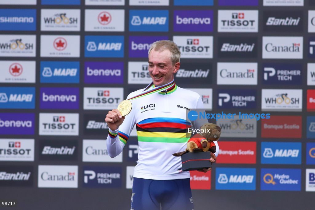 Brandon McNulty of Team United States celebrates on the podium after winning the gold medal in the Elite Men's Road Race during the 2026 UCI Road World Championships on September 27, 2026 in Montreal, Canada. (Photo by Horacio Zamora/ Eyepix Group) (Photo by Horacio Zamora/ Eyepix Group/Eyepix via Nexpher Images)