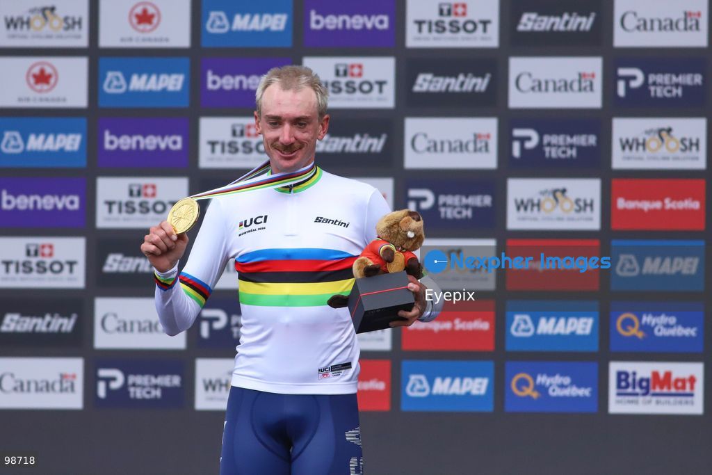 Brandon McNulty of Team United States celebrates on the podium after winning the gold medal in the Elite Men's Road Race during the 2026 UCI Road World Championships on September 27, 2026 in Montreal, Canada. (Photo by Horacio Zamora/ Eyepix Group) (Photo by Horacio Zamora/ Eyepix Group/Eyepix via Nexpher Images)