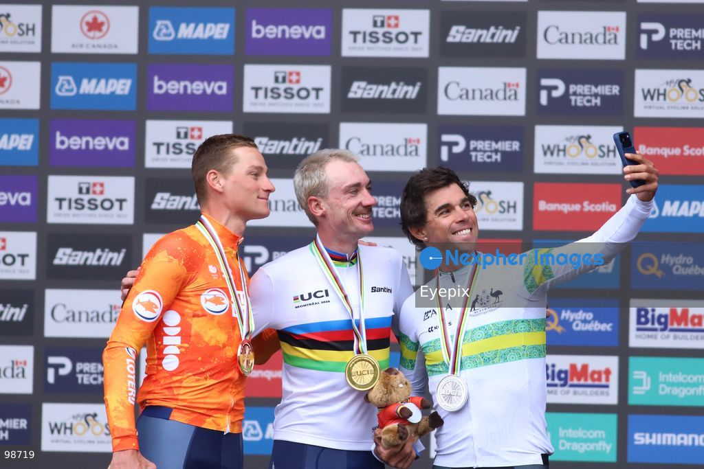 (L-R) Silver medalist Michael Matthews of Team Australia, Gold medalist Brandon McNulty of Team United States, and Bronze medalist Mathieu van der Poel of Team Netherlands celebrate on the podium during the Men's Elite Road Race medal ceremony at the 2026 UCI Road World Championships on September 27, 2026 in Montréal, Canada. (Photo by Horacio Zamora/ Eyepix Group) (Photo by Horacio Zamora/ Eyepix Group/Eyepix via Nexpher Images)