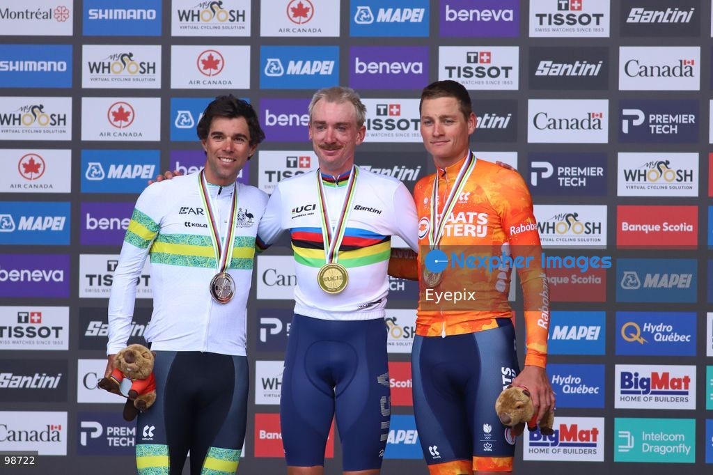 (L-R) Silver medalist Michael Matthews of Team Australia, Gold medalist Brandon McNulty of Team United States, and Bronze medalist Mathieu van der Poel of Team Netherlands celebrate on the podium during the Men's Elite Road Race medal ceremony at the 2026 UCI Road World Championships on September 27, 2026 in Montréal, Canada. (Photo by Horacio Zamora/ Eyepix Group) (Photo by Horacio Zamora/ Eyepix Group/Eyepix via Nexpher Images)