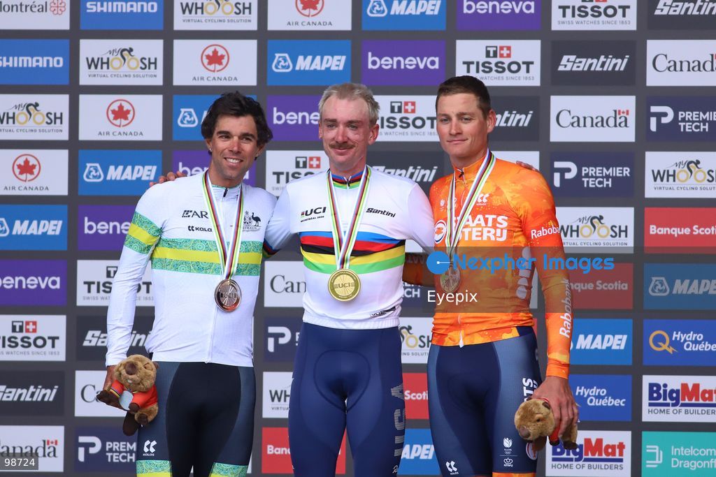 (L-R) Silver medalist Michael Matthews of Team Australia, Gold medalist Brandon McNulty of Team United States, and Bronze medalist Mathieu van der Poel of Team Netherlands celebrate on the podium during the Men's Elite Road Race medal ceremony at the 2026 UCI Road World Championships on September 27, 2026 in Montréal, Canada. (Photo by Horacio Zamora/ Eyepix Group) (Photo by Horacio Zamora/ Eyepix Group/Eyepix via Nexpher Images)