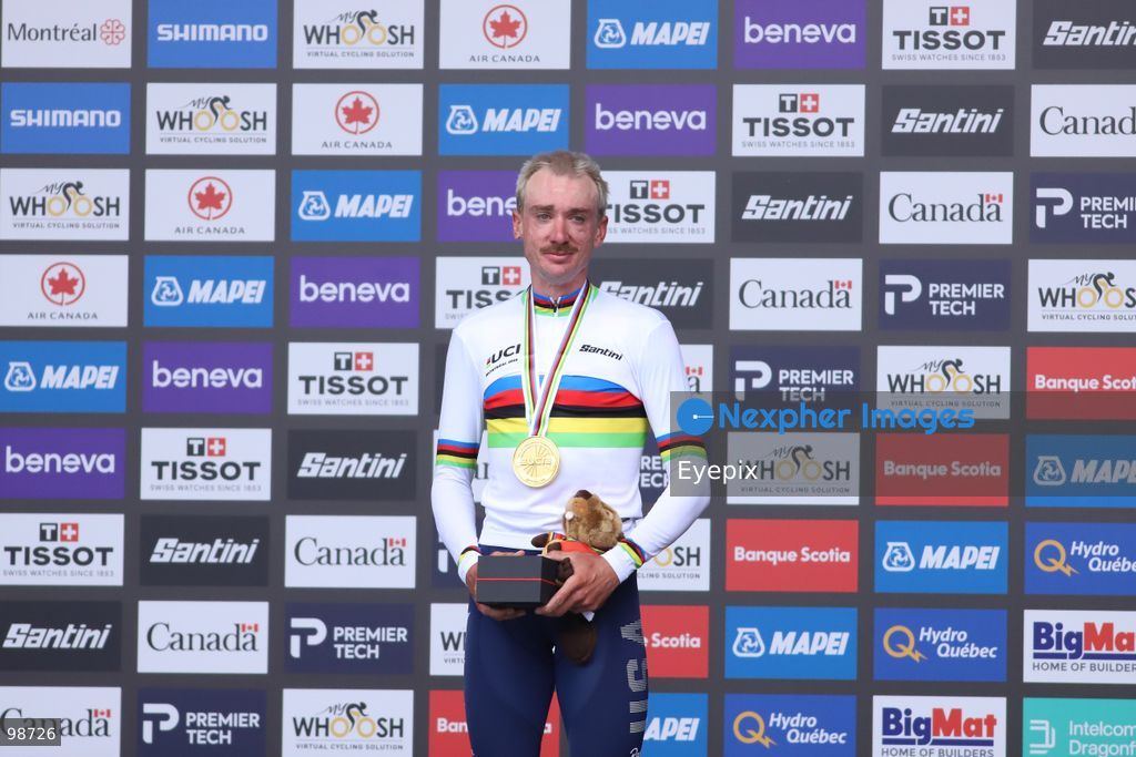 Brandon McNulty of Team United States celebrates on the podium after winning the gold medal in the Elite Men's Road Race during the 2026 UCI Road World Championships on September 27, 2026 in Montreal, Canada. (Photo by Horacio Zamora/ Eyepix Group) (Photo by Horacio Zamora/ Eyepix Group/Eyepix via Nexpher Images)