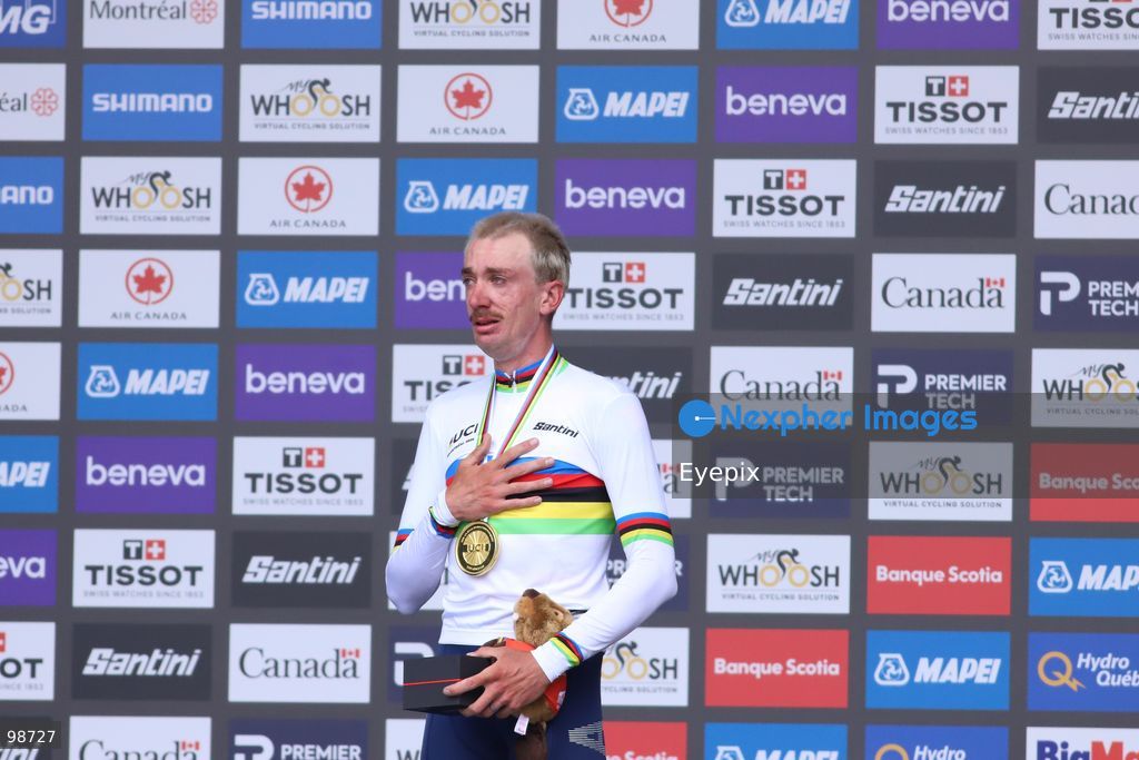 Brandon McNulty of Team United States celebrates on the podium after winning the gold medal in the Elite Men's Road Race during the 2026 UCI Road World Championships on September 27, 2026 in Montreal, Canada. (Photo by Horacio Zamora/ Eyepix Group) (Photo by Horacio Zamora/ Eyepix Group/Eyepix via Nexpher Images)