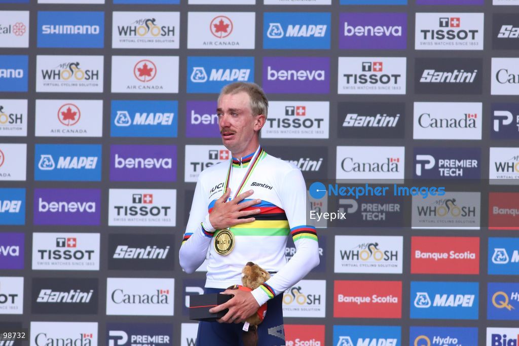 Brandon McNulty of Team United States celebrates on the podium after winning the gold medal in the Elite Men's Road Race during the 2026 UCI Road World Championships on September 27, 2026 in Montreal, Canada. (Photo by Horacio Zamora/ Eyepix Group) (Photo by Horacio Zamora/ Eyepix Group/Eyepix via Nexpher Images)