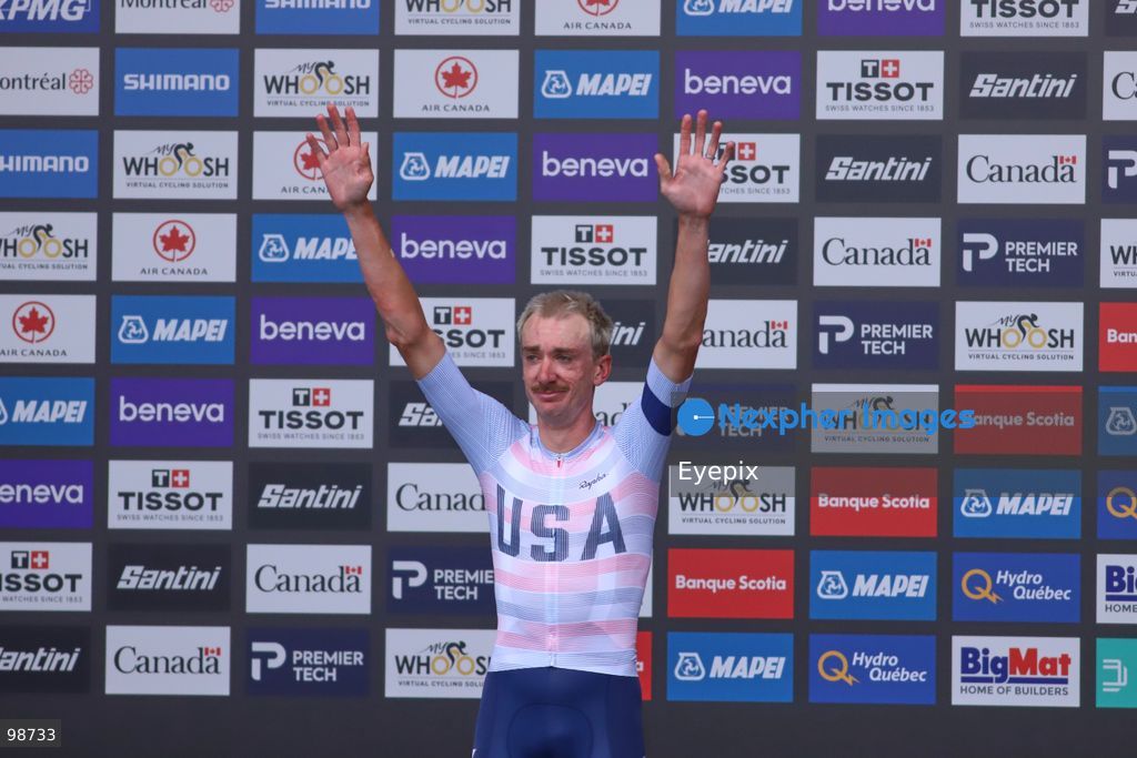Brandon McNulty of Team United States celebrates on the podium after winning the gold medal in the Elite Men's Road Race during the 2026 UCI Road World Championships on September 27, 2026 in Montreal, Canada. (Photo by Horacio Zamora/ Eyepix Group) (Photo by Horacio Zamora/ Eyepix Group/Eyepix via Nexpher Images)