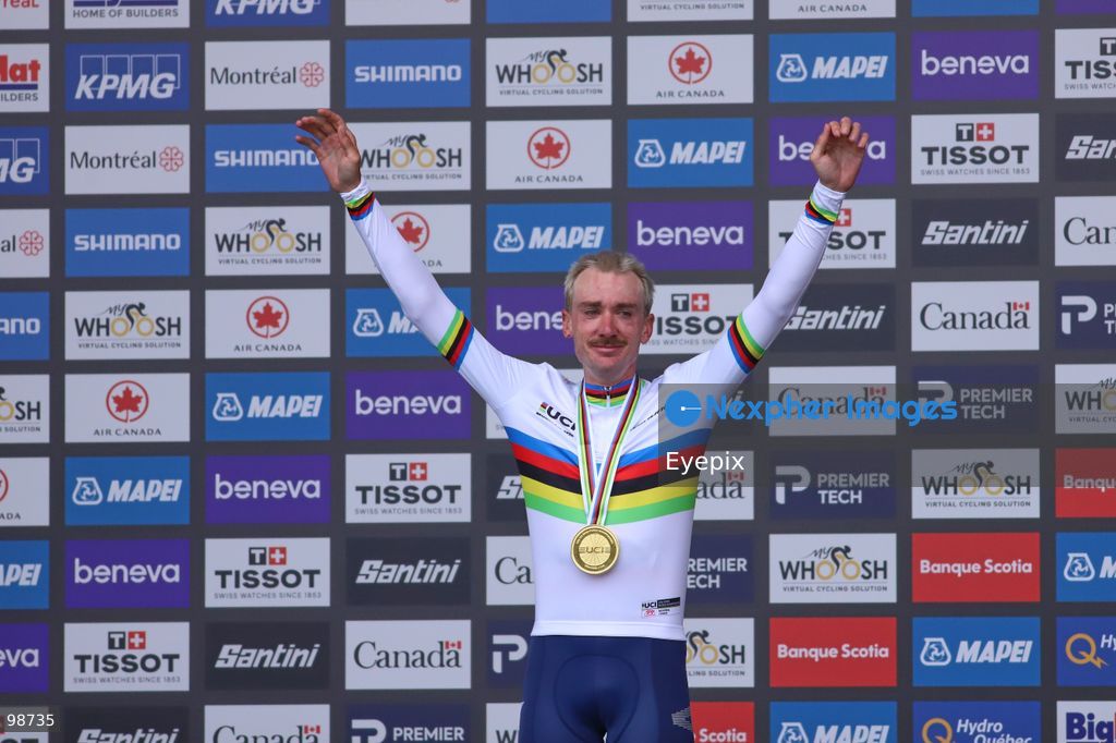Brandon McNulty of Team United States celebrates on the podium after winning the gold medal in the Elite Men's Road Race during the 2026 UCI Road World Championships on September 27, 2026 in Montreal, Canada. (Photo by Horacio Zamora/ Eyepix Group) (Photo by Horacio Zamora/ Eyepix Group/Eyepix via Nexpher Images)
