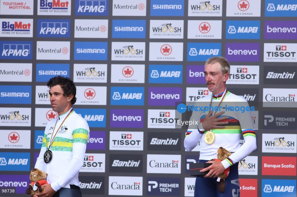 Brandon McNulty of Team United States celebrates on the podium after winning the gold medal in the Elite Men's Road Race during the 2026 UCI Road World Championships on September 27, 2026 in Montreal, Canada. (Photo by Horacio Zamora/ Eyepix Group) (Photo by Horacio Zamora/ Eyepix Group/Eyepix via Nexpher Images)