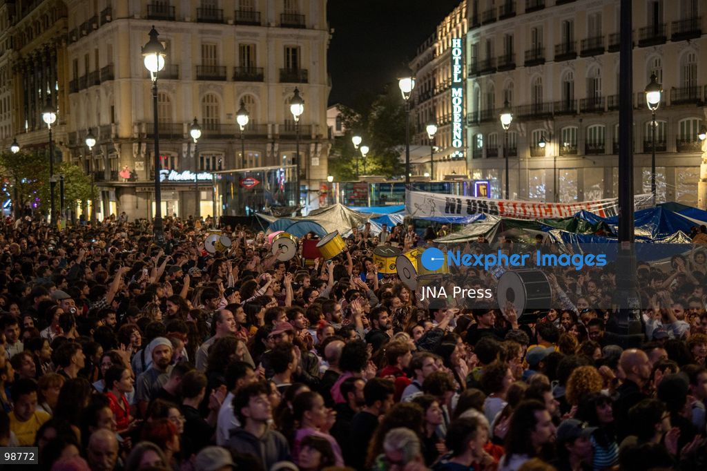 MADRID, SPAIN, SEPTEMBER 28, 2026: Housing rights protesters remain camped at Puerta del Sol as the demonstration enters its third day, following a mass protest over Madrid’s housing crisis and the eviction of 87-year-old Maricarmen Abascal. Hundreds of people have remained at the square in tents, demanding stronger tenant protections and measures against evictions without alternative housing. Photo by C. Carvajal  / JNA Press. (Photo by C. Carvajal/JNA Press via Nexpher Images)