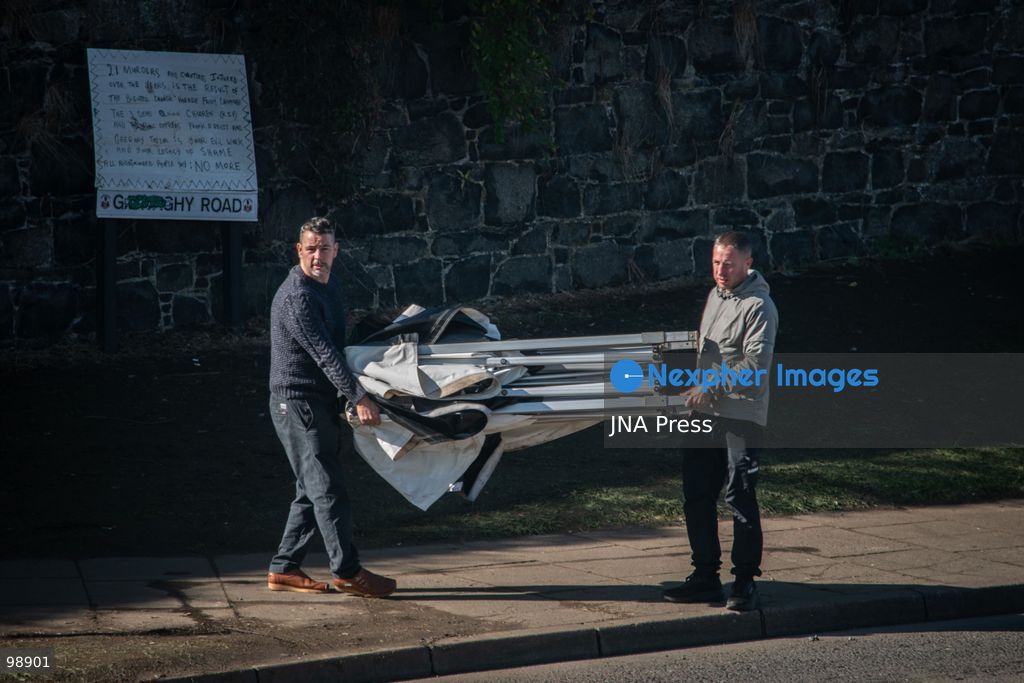 PORTADOWN, NORTHERN IRELAND, SEPTEMBER 28, 2026: Members of the Orange Order gather near Drumcree Parish Church as a standoff over the contentious Drumcree parade continues in Portadown. The Protestant fraternal organization had been granted conditional permission to march along the predominantly nationalist Garvaghy Road for the first time in nearly three decades, but the route was blocked by thousands of protesters and police prevented the parade from proceeding amid public safety concerns. On Monday, residents continued gathering on Garvaghy Road while Orange Order members remained near Drumcree Church as discussions continued with police and officials over the dispute. Photo by Nadia Caimi / JNA Press. (Photo by Nadia Caimi/JNA Press via Nexpher Images)