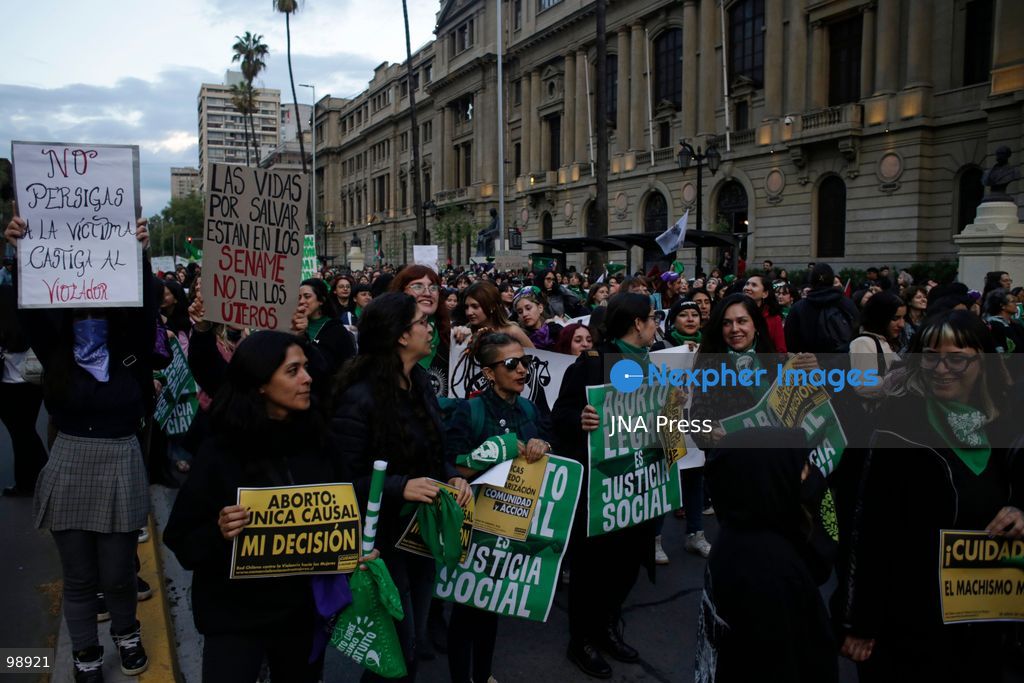 SANTIAGO, CHILE, SEPTEMBER 28, 2026: Women and activists demonstrate in Santiago to mark International Safe Abortion Day, calling for access to legal and safe abortion and the protection of reproductive rights. Feminist, social and human rights organizations urged Chile’s Congress to maintain funding in the 2027 public budget for implementation of the law allowing voluntary termination of pregnancy under three specific circumstances. Photo by Sebastian Silva / JNA Press. (Photo by Sebastian Silva/JNA Press via Nexpher Images)