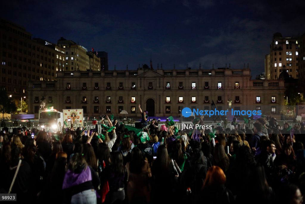 SANTIAGO, CHILE, SEPTEMBER 28, 2026: Women and activists demonstrate in Santiago to mark International Safe Abortion Day, calling for access to legal and safe abortion and the protection of reproductive rights. Feminist, social and human rights organizations urged Chile’s Congress to maintain funding in the 2027 public budget for implementation of the law allowing voluntary termination of pregnancy under three specific circumstances. Photo by Sebastian Silva / JNA Press. (Photo by Sebastian Silva/JNA Press via Nexpher Images)