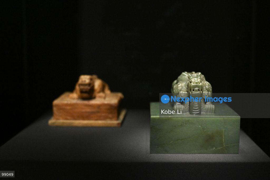 Seal impression with crouching dragon knob and Uninscribed square imperial seal with intertwined dragon knob from the Palace Museum's 'Design for the Forbidden City: Imperial Workshops of the Qing Court' exhibition is displaying on September 29 in Hong Kong. (Photo by Kobe Li/Nexpher Images)