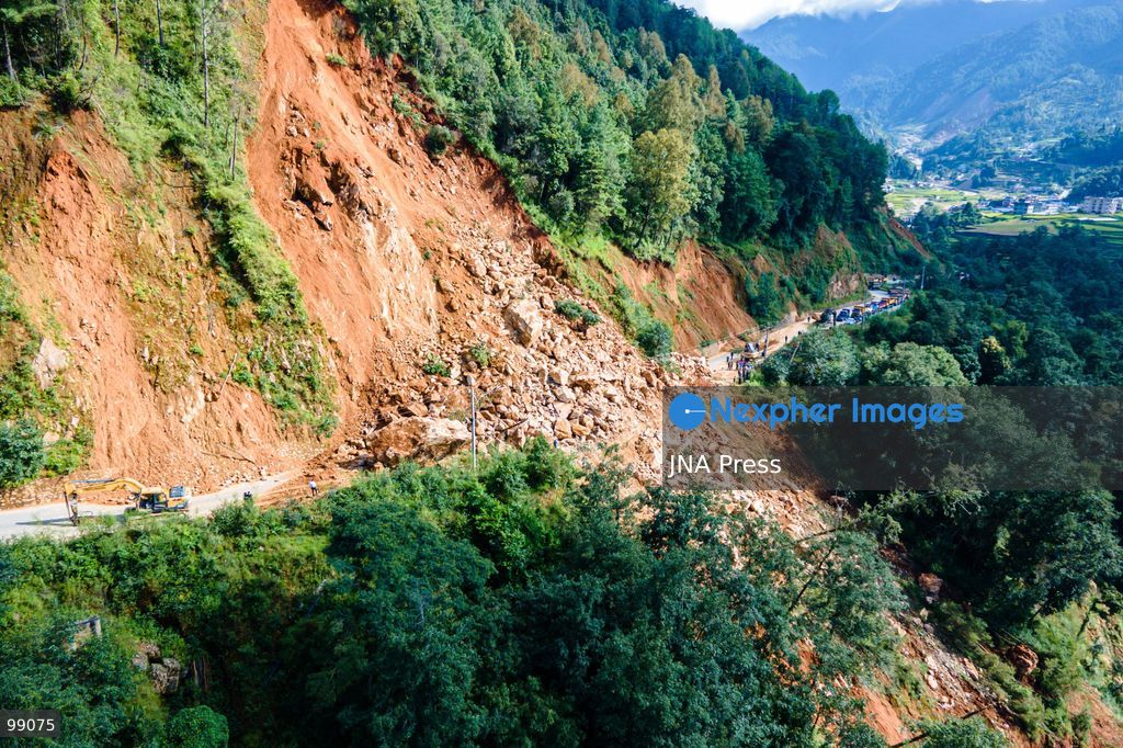 LALITPUR, NEPAL, SEPTEMBER 29, 2026: An aerial view shows a landslide blocking the Tikabhairab section of the Kanti Highway in Lalitpur following heavy rainfall. The landslide covered the roadway with mud and debris, disrupting traffic along the route. Photo by Ambir Tolang / JNA Press. (Photo by Ambir Tolang/JNA Press via Nexpher Images)