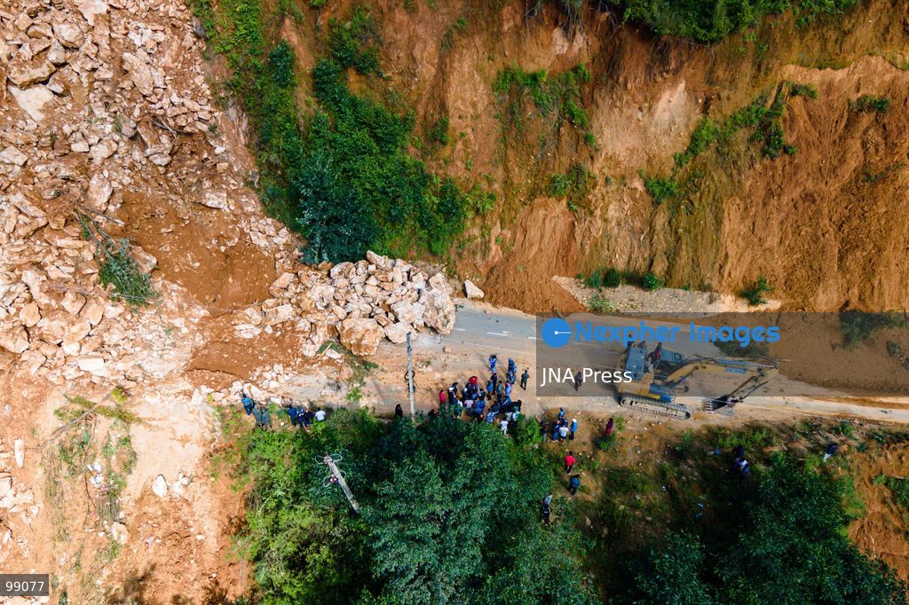 LALITPUR, NEPAL, SEPTEMBER 29, 2026: An aerial view shows a landslide blocking the Tikabhairab section of the Kanti Highway in Lalitpur following heavy rainfall. The landslide covered the roadway with mud and debris, disrupting traffic along the route. Photo by Ambir Tolang / JNA Press. (Photo by Ambir Tolang/JNA Press via Nexpher Images)