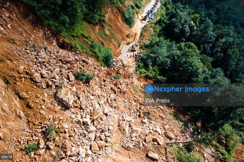 LALITPUR, NEPAL, SEPTEMBER 29, 2026: An aerial view shows a landslide blocking the Tikabhairab section of the Kanti Highway in Lalitpur following heavy rainfall. The landslide covered the roadway with mud and debris, disrupting traffic along the route. Photo by Ambir Tolang / JNA Press. (Photo by Ambir Tolang/JNA Press via Nexpher Images)