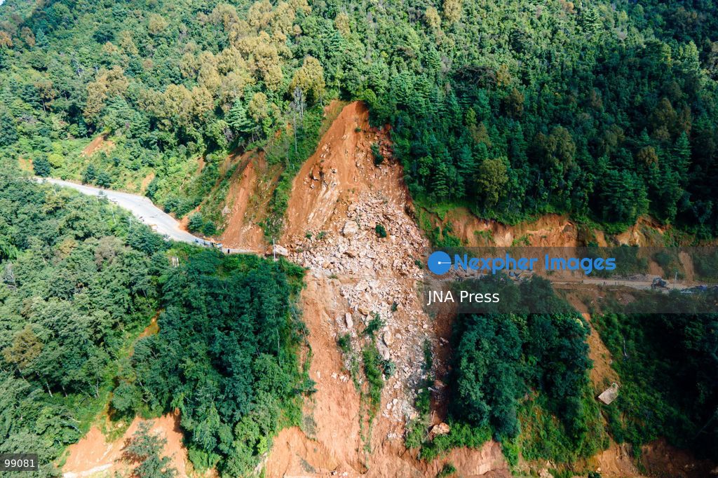 LALITPUR, NEPAL, SEPTEMBER 29, 2026: An aerial view shows a landslide blocking the Tikabhairab section of the Kanti Highway in Lalitpur following heavy rainfall. The landslide covered the roadway with mud and debris, disrupting traffic along the route. Photo by Ambir Tolang / JNA Press. (Photo by Ambir Tolang/JNA Press via Nexpher Images)