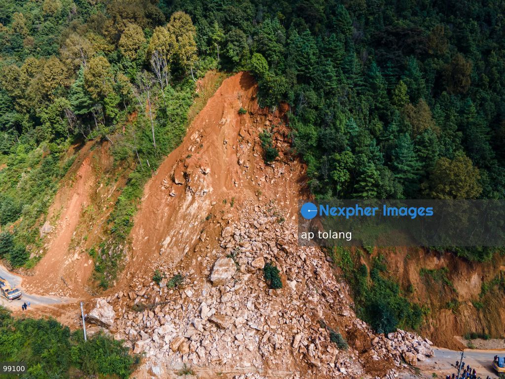 LALITPUR, NEPAL, SEPTEMBER 29, 2026: An aerial view shows a landslide blocking the Tikabhairab section of the Kanti Highway in Lalitpur following heavy rainfall. The landslide covered the roadway with mud and debris, disrupting traffic along the route. (Photo by ap tolang/Nexpher Images)