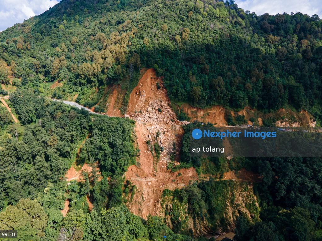 LALITPUR, NEPAL, SEPTEMBER 29, 2026: An aerial view shows a landslide blocking the Tikabhairab section of the Kanti Highway in Lalitpur following heavy rainfall. The landslide covered the roadway with mud and debris, disrupting traffic along the route. (Photo by ap tolang/Nexpher Images)