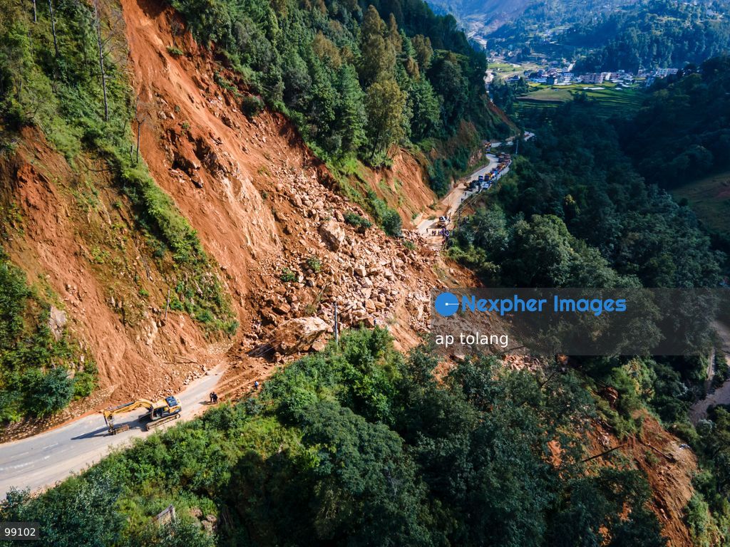 LALITPUR, NEPAL, SEPTEMBER 29, 2026: An aerial view shows a landslide blocking the Tikabhairab section of the Kanti Highway in Lalitpur following heavy rainfall. The landslide covered the roadway with mud and debris, disrupting traffic along the route. (Photo by ap tolang/Nexpher Images)