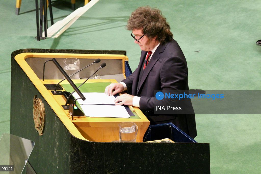 NEW YORK, UNITED STATES, SEPTEMBER 23, 2026: Argentine President Javier Milei addresses the General Debate of the 81st Session of the United Nations General Assembly at UN headquarters in New York. Milei criticized the UN’s handling of international conflicts and global governance, reaffirmed Argentina’s sovereignty claim over the Falkland Islands, known in Argentina as the Malvinas, and outlined his government’s positions on free-market policies and artificial intelligence. Photo by Catherine Manso / JNA Press. (Photo by Catherine Manso/JNA Press via Nexpher Images)