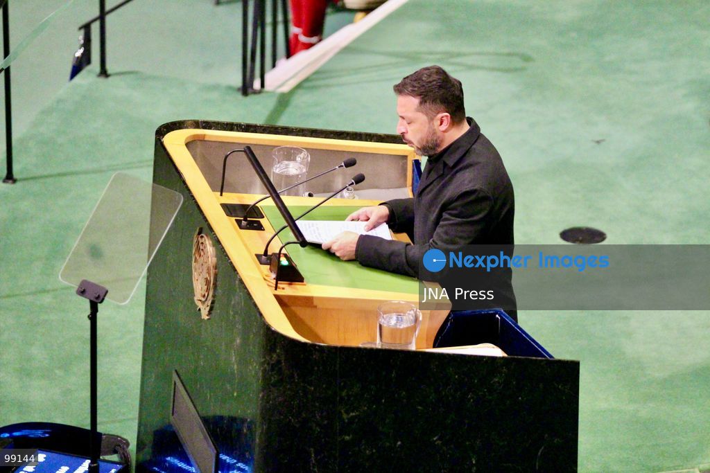 NEW YORK, UNITED STATES, SEPTEMBER 23, 2026: Ukrainian President Volodymyr Zelenskyy addresses the General Debate of the 81st Session of the United Nations General Assembly at UN headquarters in New York. Zelenskyy spoke about Russia’s war against Ukraine, international security and diplomatic efforts aimed at ending the conflict. Photo by Catherine Manso / JNA Press. (Photo by Catherine Manso/JNA Press via Nexpher Images)