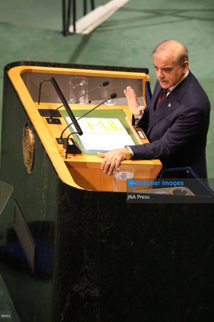 NEW YORK, UNITED STATES, SEPTEMBER 25, 2026: Pakistani Prime Minister Shehbaz Sharif addresses the General Debate of the 81st Session of the United Nations General Assembly at UN headquarters in New York. Sharif called for diplomacy and peaceful resolution of international conflicts while addressing the situation in Palestine and Kashmir, regional tensions in the Middle East and South Asia, terrorism, climate change and reform of the United Nations. Photo by Catherine Manso / JNA Press. (Photo by Catherine Manso/JNA Press via Nexpher Images)