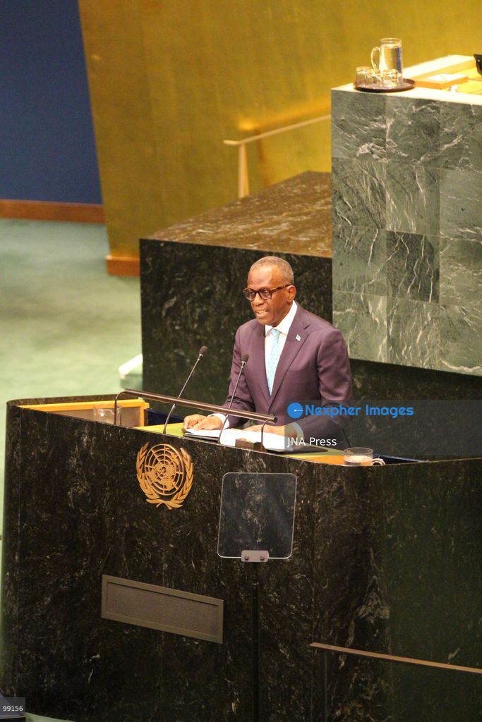 NEW YORK, UNITED STATES, SEPTEMBER 25, 2026: Saint Lucia Prime Minister Philip J. Pierre addresses the General Debate of the 81st Session of the United Nations General Assembly at UN headquarters in New York. Pierre called for stronger international cooperation and urgent action on climate change, while highlighting the financial pressures facing small island developing states and calling for reform of the international financial system. He also addressed international peace and security and the need for a more effective multilateral system. Photo by Catherine Manso / JNA Press. (Photo by Catherine Manso/JNA Press via Nexpher Images)