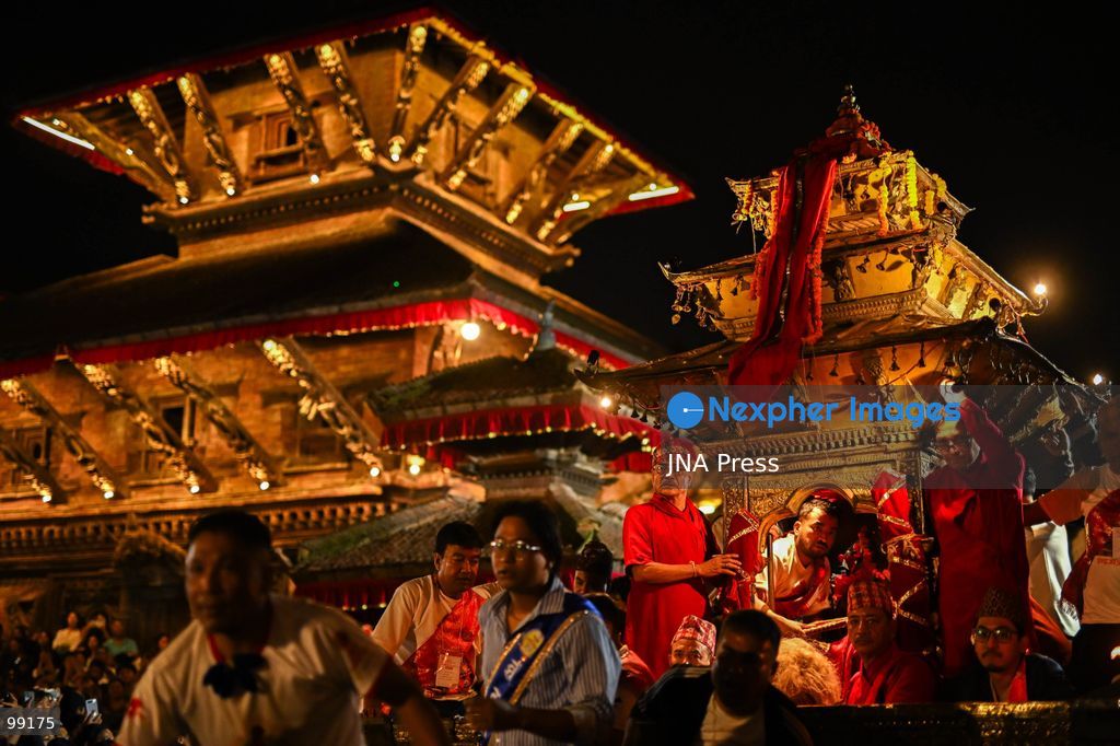 KATHMANDU, NEPAL, SEPTEMBER 29, 2026: Women pull the chariots carrying Kathmandu’s three living deities during Nanicha Ya, the final-day procession of the week-long Indra Jatra festival around Hanumandhoka and Kathmandu Durbar Square. Unlike the preceding chariot processions, traditionally led by men, Nanicha Ya marks the festival tradition in which women take over the pulling of the chariots carrying Royal Living Goddess Kumari Aryatara Shakya, Living God Ganesh and Living God Bhairav. Nepalese President Ram Chandra Paudel attended the concluding ceremonies at Hanumandhoka, receiving tika and prasad from the Kumari. The final-day celebrations also included traditional music, Dashavatar performances, members of the Nepali Army’s Gurju Paltan and religious rituals as devotees gathered to mark the conclusion of Indra Jatra. Photo by Safal Prakash Shrestha / JNA Press. (Photo by Safal Prakash Shrestha/JNA Press via Nexpher Images)