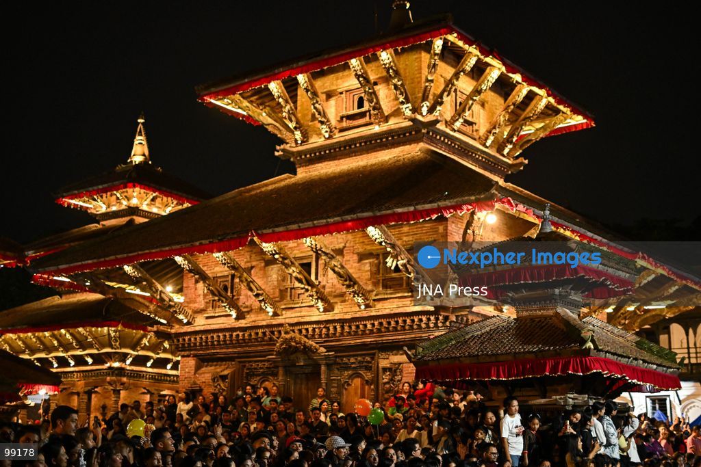 KATHMANDU, NEPAL, SEPTEMBER 29, 2026: Women pull the chariots carrying Kathmandu’s three living deities during Nanicha Ya, the final-day procession of the week-long Indra Jatra festival around Hanumandhoka and Kathmandu Durbar Square. Unlike the preceding chariot processions, traditionally led by men, Nanicha Ya marks the festival tradition in which women take over the pulling of the chariots carrying Royal Living Goddess Kumari Aryatara Shakya, Living God Ganesh and Living God Bhairav. Nepalese President Ram Chandra Paudel attended the concluding ceremonies at Hanumandhoka, receiving tika and prasad from the Kumari. The final-day celebrations also included traditional music, Dashavatar performances, members of the Nepali Army’s Gurju Paltan and religious rituals as devotees gathered to mark the conclusion of Indra Jatra. Photo by Safal Prakash Shrestha / JNA Press. (Photo by Safal Prakash Shrestha/JNA Press via Nexpher Images)