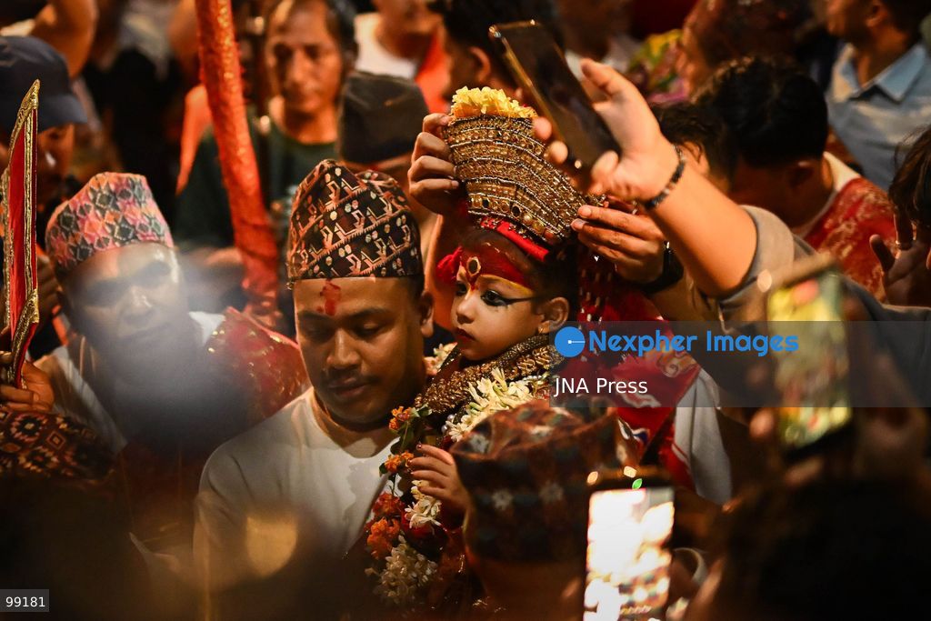 KATHMANDU, NEPAL, SEPTEMBER 29, 2026: Women pull the chariots carrying Kathmandu’s three living deities during Nanicha Ya, the final-day procession of the week-long Indra Jatra festival around Hanumandhoka and Kathmandu Durbar Square. Unlike the preceding chariot processions, traditionally led by men, Nanicha Ya marks the festival tradition in which women take over the pulling of the chariots carrying Royal Living Goddess Kumari Aryatara Shakya, Living God Ganesh and Living God Bhairav. Nepalese President Ram Chandra Paudel attended the concluding ceremonies at Hanumandhoka, receiving tika and prasad from the Kumari. The final-day celebrations also included traditional music, Dashavatar performances, members of the Nepali Army’s Gurju Paltan and religious rituals as devotees gathered to mark the conclusion of Indra Jatra. Photo by Safal Prakash Shrestha / JNA Press. (Photo by Safal Prakash Shrestha/JNA Press via Nexpher Images)