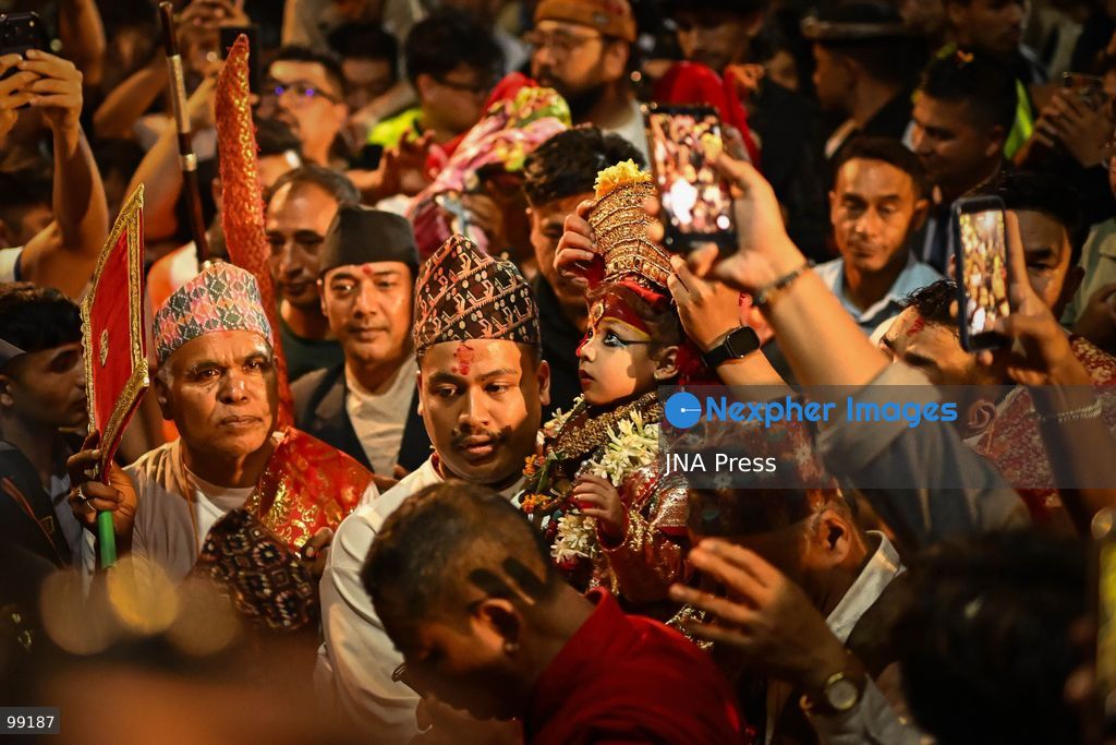 KATHMANDU, NEPAL, SEPTEMBER 29, 2026: Women pull the chariots carrying Kathmandu’s three living deities during Nanicha Ya, the final-day procession of the week-long Indra Jatra festival around Hanumandhoka and Kathmandu Durbar Square. Unlike the preceding chariot processions, traditionally led by men, Nanicha Ya marks the festival tradition in which women take over the pulling of the chariots carrying Royal Living Goddess Kumari Aryatara Shakya, Living God Ganesh and Living God Bhairav. Nepalese President Ram Chandra Paudel attended the concluding ceremonies at Hanumandhoka, receiving tika and prasad from the Kumari. The final-day celebrations also included traditional music, Dashavatar performances, members of the Nepali Army’s Gurju Paltan and religious rituals as devotees gathered to mark the conclusion of Indra Jatra. Photo by Safal Prakash Shrestha / JNA Press. (Photo by Safal Prakash Shrestha/JNA Press via Nexpher Images)