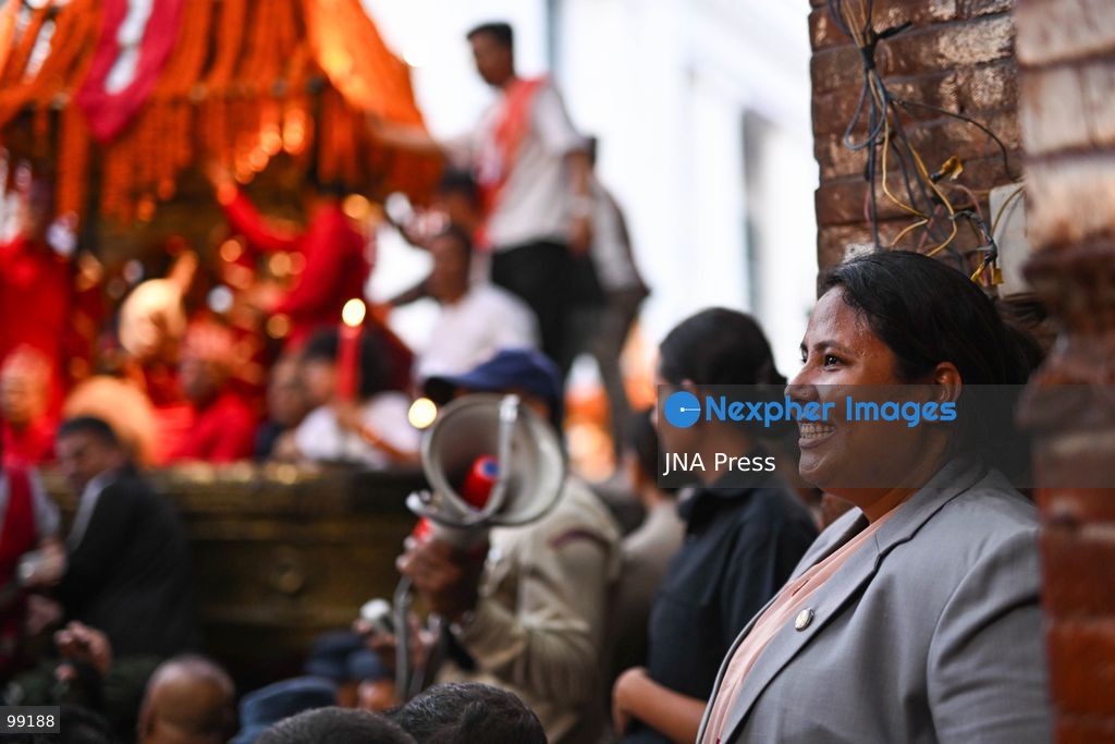 KATHMANDU, NEPAL, SEPTEMBER 29, 2026: Women pull the chariots carrying Kathmandu’s three living deities during Nanicha Ya, the final-day procession of the week-long Indra Jatra festival around Hanumandhoka and Kathmandu Durbar Square. Unlike the preceding chariot processions, traditionally led by men, Nanicha Ya marks the festival tradition in which women take over the pulling of the chariots carrying Royal Living Goddess Kumari Aryatara Shakya, Living God Ganesh and Living God Bhairav. Nepalese President Ram Chandra Paudel attended the concluding ceremonies at Hanumandhoka, receiving tika and prasad from the Kumari. The final-day celebrations also included traditional music, Dashavatar performances, members of the Nepali Army’s Gurju Paltan and religious rituals as devotees gathered to mark the conclusion of Indra Jatra. Photo by Safal Prakash Shrestha / JNA Press. (Photo by Safal Prakash Shrestha/JNA Press via Nexpher Images)