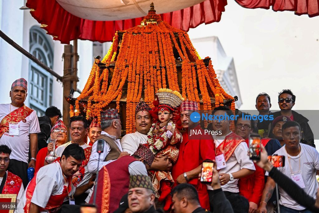 KATHMANDU, NEPAL, SEPTEMBER 29, 2026: Women pull the chariots carrying Kathmandu’s three living deities during Nanicha Ya, the final-day procession of the week-long Indra Jatra festival around Hanumandhoka and Kathmandu Durbar Square. Unlike the preceding chariot processions, traditionally led by men, Nanicha Ya marks the festival tradition in which women take over the pulling of the chariots carrying Royal Living Goddess Kumari Aryatara Shakya, Living God Ganesh and Living God Bhairav. Nepalese President Ram Chandra Paudel attended the concluding ceremonies at Hanumandhoka, receiving tika and prasad from the Kumari. The final-day celebrations also included traditional music, Dashavatar performances, members of the Nepali Army’s Gurju Paltan and religious rituals as devotees gathered to mark the conclusion of Indra Jatra. Photo by Safal Prakash Shrestha / JNA Press. (Photo by Safal Prakash Shrestha/JNA Press via Nexpher Images)