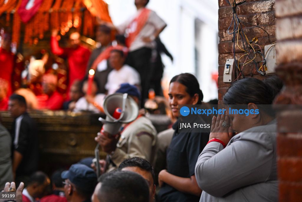 KATHMANDU, NEPAL, SEPTEMBER 29, 2026: Women pull the chariots carrying Kathmandu’s three living deities during Nanicha Ya, the final-day procession of the week-long Indra Jatra festival around Hanumandhoka and Kathmandu Durbar Square. Unlike the preceding chariot processions, traditionally led by men, Nanicha Ya marks the festival tradition in which women take over the pulling of the chariots carrying Royal Living Goddess Kumari Aryatara Shakya, Living God Ganesh and Living God Bhairav. Nepalese President Ram Chandra Paudel attended the concluding ceremonies at Hanumandhoka, receiving tika and prasad from the Kumari. The final-day celebrations also included traditional music, Dashavatar performances, members of the Nepali Army’s Gurju Paltan and religious rituals as devotees gathered to mark the conclusion of Indra Jatra. Photo by Safal Prakash Shrestha / JNA Press. (Photo by Safal Prakash Shrestha/JNA Press via Nexpher Images)