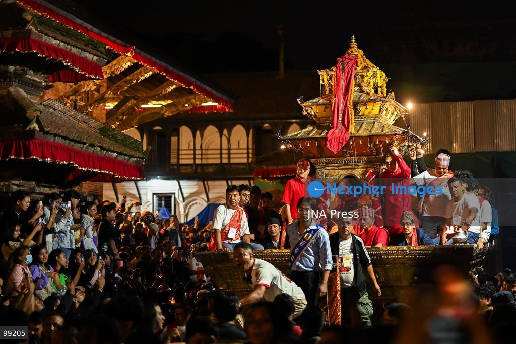 KATHMANDU, NEPAL, SEPTEMBER 29, 2026: Women pull the chariots carrying Kathmandu’s three living deities during Nanicha Ya, the final-day procession of the week-long Indra Jatra festival around Hanumandhoka and Kathmandu Durbar Square. Unlike the preceding chariot processions, traditionally led by men, Nanicha Ya marks the festival tradition in which women take over the pulling of the chariots carrying Royal Living Goddess Kumari Aryatara Shakya, Living God Ganesh and Living God Bhairav. Nepalese President Ram Chandra Paudel attended the concluding ceremonies at Hanumandhoka, receiving tika and prasad from the Kumari. The final-day celebrations also included traditional music, Dashavatar performances, members of the Nepali Army’s Gurju Paltan and religious rituals as devotees gathered to mark the conclusion of Indra Jatra. Photo by Safal Prakash Shrestha / JNA Press. (Photo by Safal Prakash Shrestha/JNA Press via Nexpher Images)