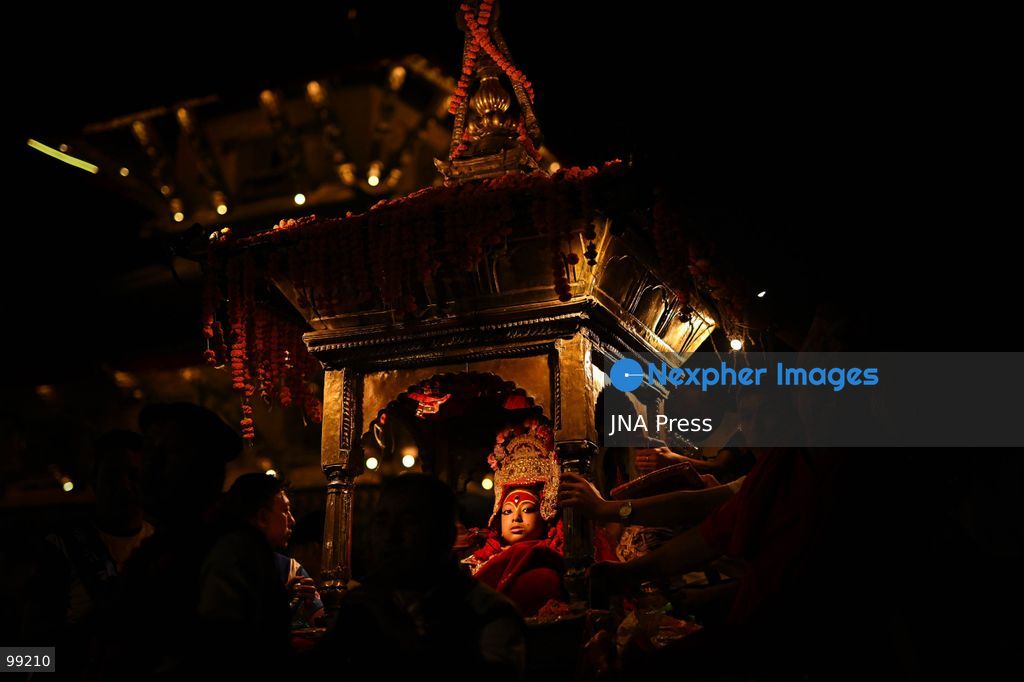 KATHMANDU, NEPAL, SEPTEMBER 29, 2026: Women pull the chariots carrying Kathmandu’s three living deities during Nanicha Ya, the final-day procession of the week-long Indra Jatra festival around Hanumandhoka and Kathmandu Durbar Square. Unlike the preceding chariot processions, traditionally led by men, Nanicha Ya marks the festival tradition in which women take over the pulling of the chariots carrying Royal Living Goddess Kumari Aryatara Shakya, Living God Ganesh and Living God Bhairav. Nepalese President Ram Chandra Paudel attended the concluding ceremonies at Hanumandhoka, receiving tika and prasad from the Kumari. The final-day celebrations also included traditional music, Dashavatar performances, members of the Nepali Army’s Gurju Paltan and religious rituals as devotees gathered to mark the conclusion of Indra Jatra. Photo by Safal Prakash Shrestha / JNA Press. (Photo by Safal Prakash Shrestha/JNA Press via Nexpher Images)