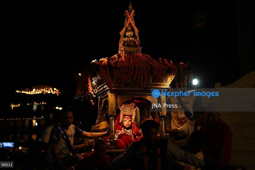 KATHMANDU, NEPAL, SEPTEMBER 29, 2026: Women pull the chariots carrying Kathmandu’s three living deities during Nanicha Ya, the final-day procession of the week-long Indra Jatra festival around Hanumandhoka and Kathmandu Durbar Square. Unlike the preceding chariot processions, traditionally led by men, Nanicha Ya marks the festival tradition in which women take over the pulling of the chariots carrying Royal Living Goddess Kumari Aryatara Shakya, Living God Ganesh and Living God Bhairav. Nepalese President Ram Chandra Paudel attended the concluding ceremonies at Hanumandhoka, receiving tika and prasad from the Kumari. The final-day celebrations also included traditional music, Dashavatar performances, members of the Nepali Army’s Gurju Paltan and religious rituals as devotees gathered to mark the conclusion of Indra Jatra. Photo by Safal Prakash Shrestha / JNA Press. (Photo by Safal Prakash Shrestha/JNA Press via Nexpher Images)
